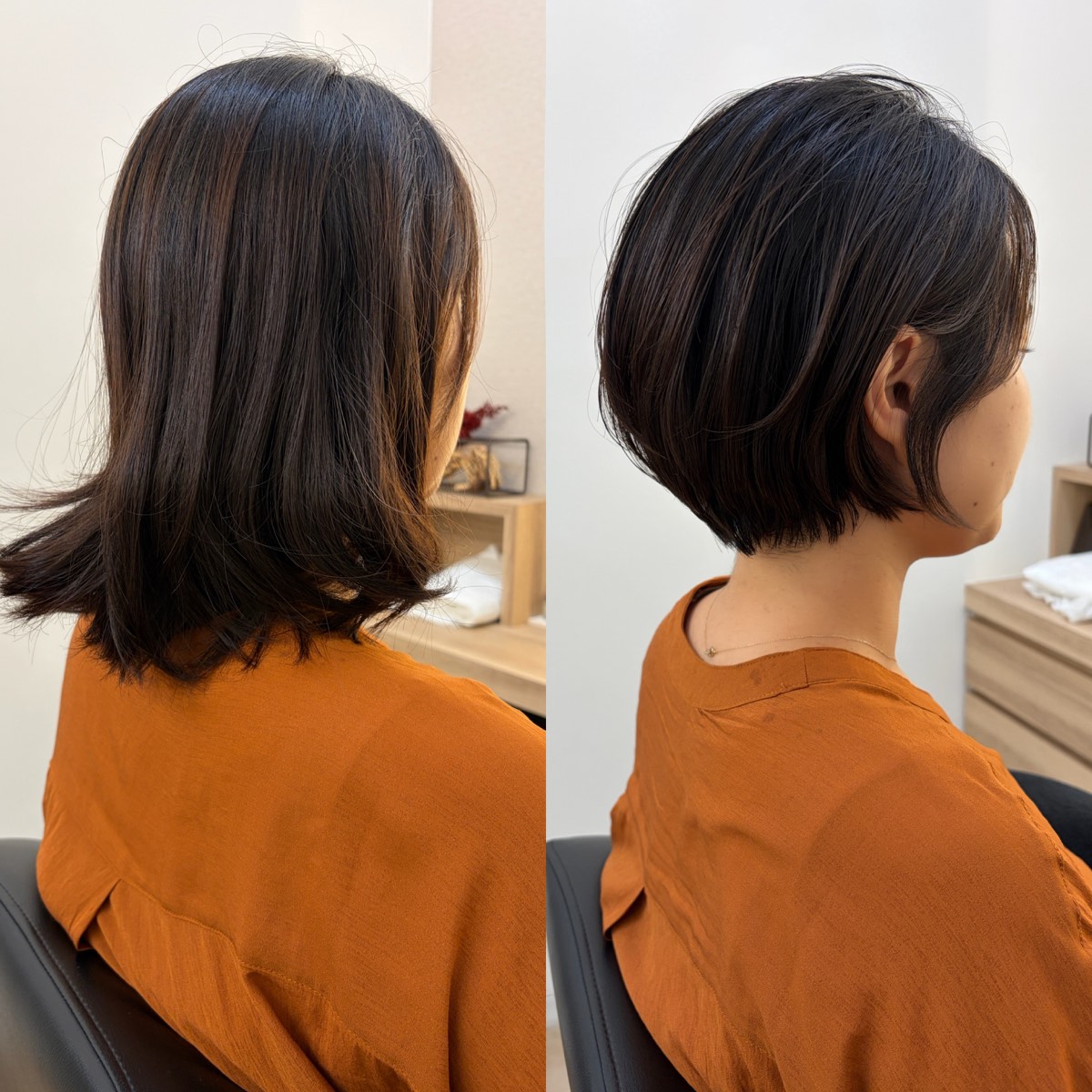 肩付近まで伸びた髪から、襟足の収まった丸みショートボブに整えたビフォーアフター